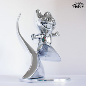 sculpture Surfin'Chat Rose en aluminium poli